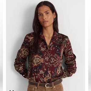 NWOT ($180USD) Lauren Ralph Lauren Print Charmeuse Long Sleeve Button Down Shirt